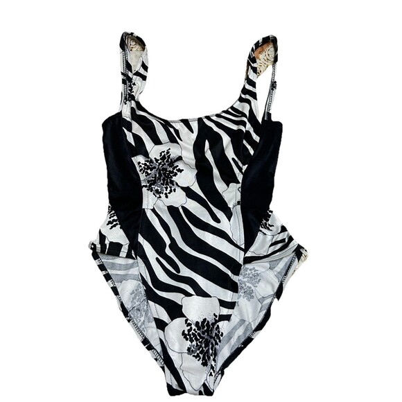 Vintage Zebra Floral One Piece Swimsuit Barefoot Miss Size 7/8 High Cut 90s Vibe - Picture 1 of 8